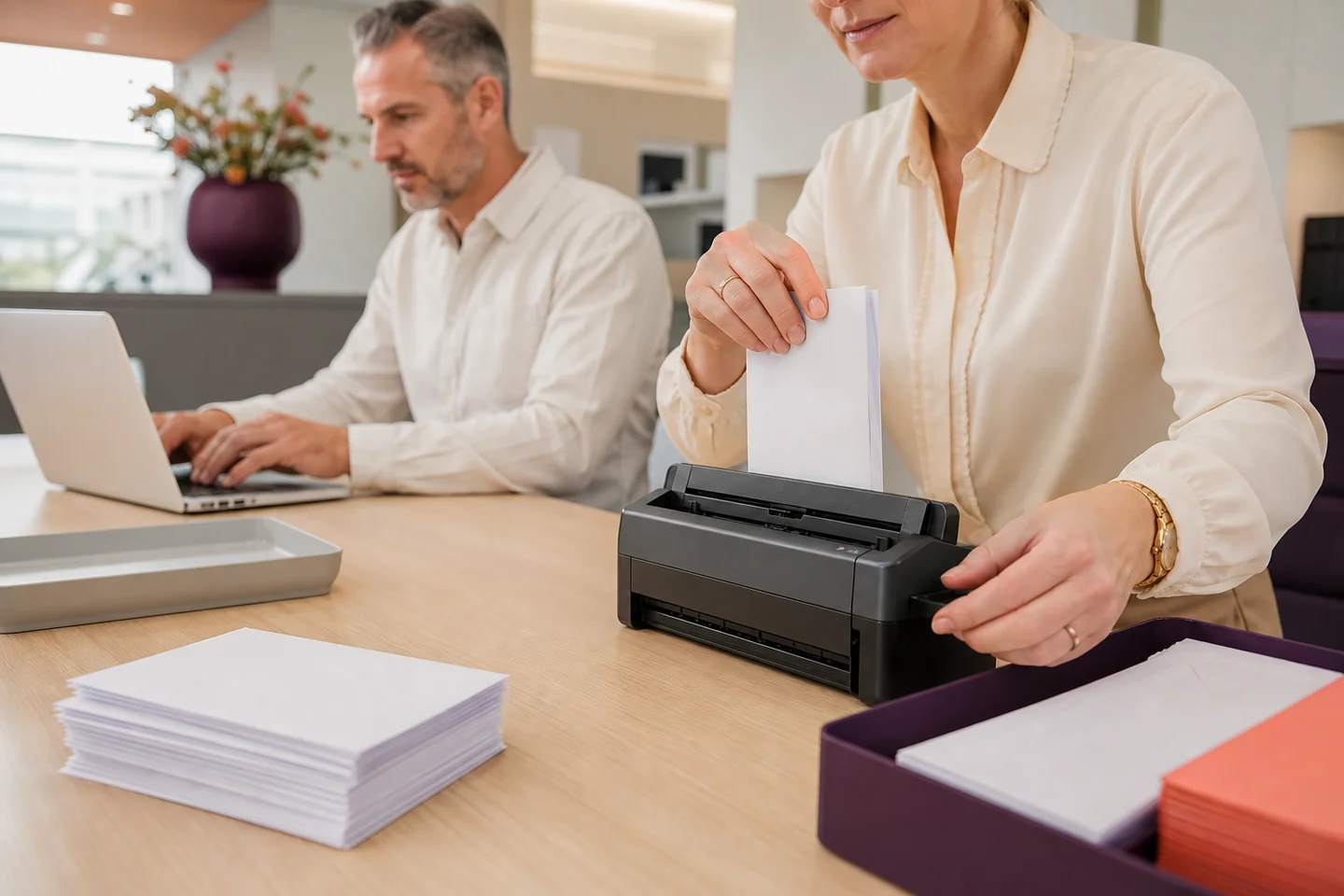 Medewerker scant zakelijke post voor digitale verzending aan een ondernemer